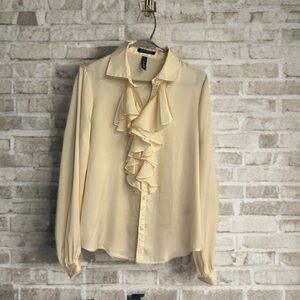 Ralph Lauren - Cream Ruffled Long Sleeve Blouse with Notched Collar